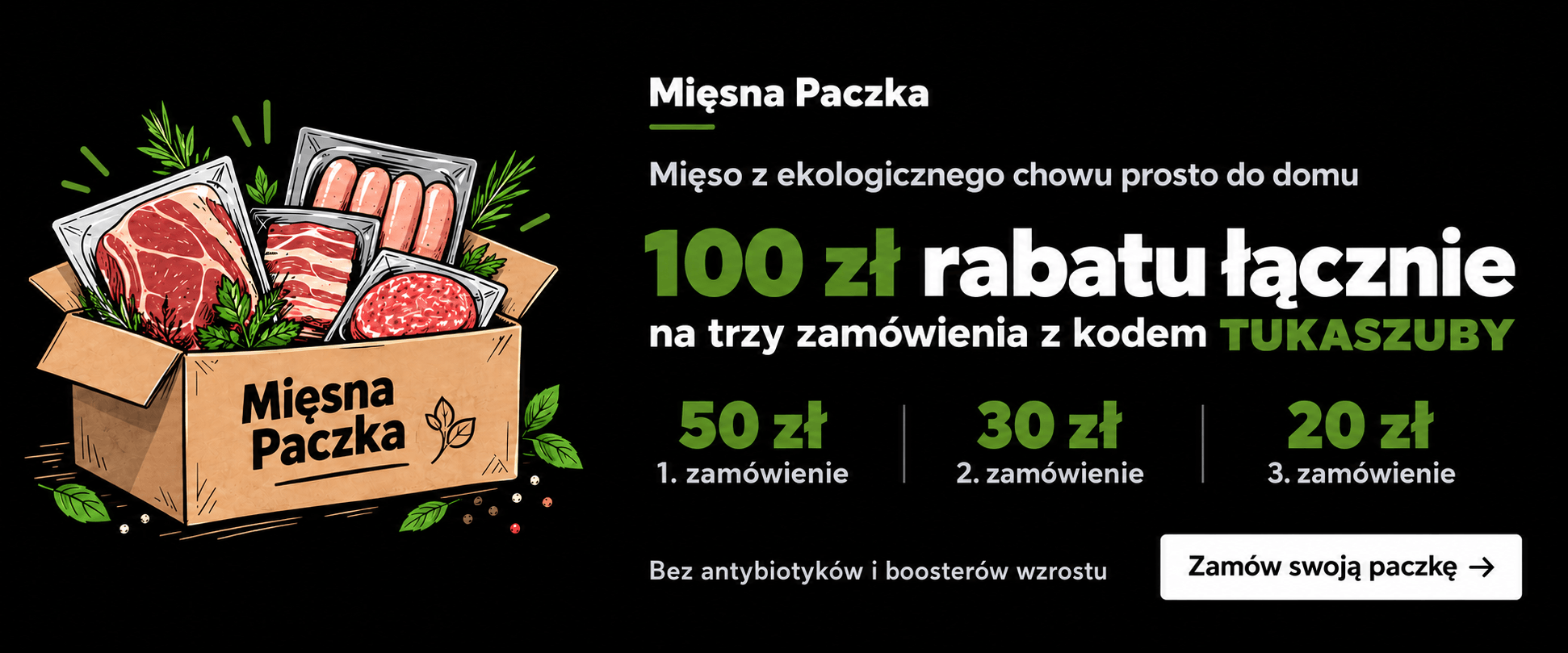 Mięsna Paczka – 100 zł rabatu na trzy zamówienia z kodem TUKASZUBY