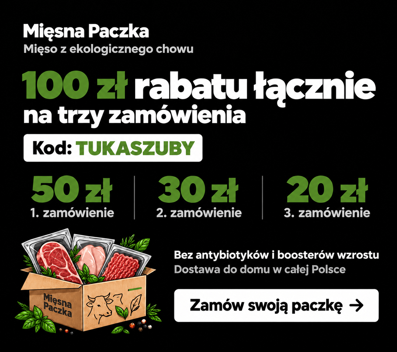 Mięsna Paczka – 100 zł rabatu na trzy zamówienia z kodem TUKASZUBY